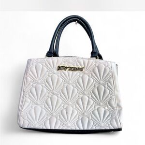 Betsey Johnson Quilted Sea Shell Bowler Bag Black &White w/ black floral lining